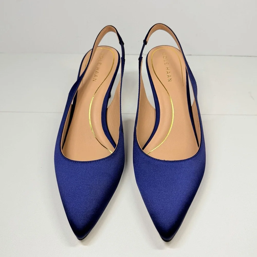Cole Haan Vandam Sling 65 Navy Satin Pointed Toe Kitten Heeled Pumps Sz 9.5 - Picture 2 of 11